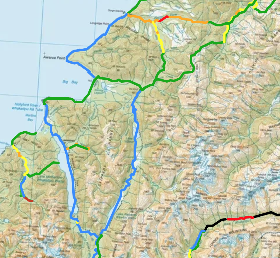A section of the interactive map on the PackraftingTrips.nz website with colour coded routes shown